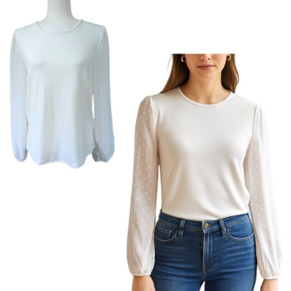 Sojourn Tops - SOJOURN White Sheer Sleeve Swiss Dot Knit Top Size MP